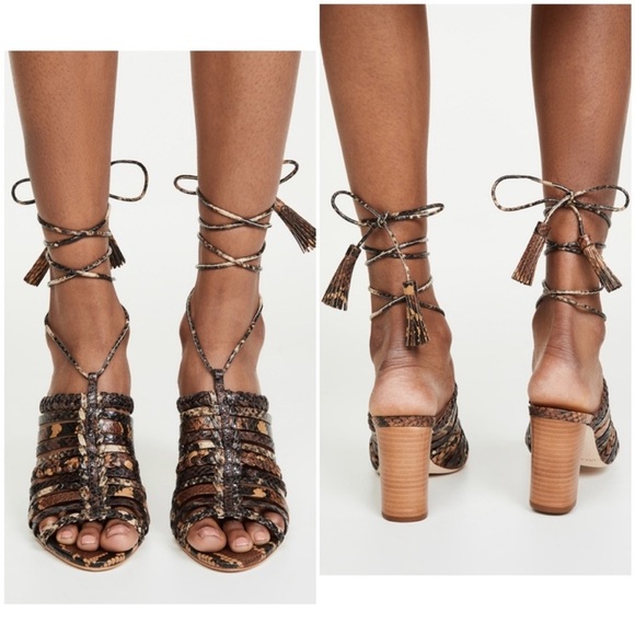 Ulla Johnson Rayna snake print leather lace up high heeled sandals wrap tassels - Picture 2 of 9